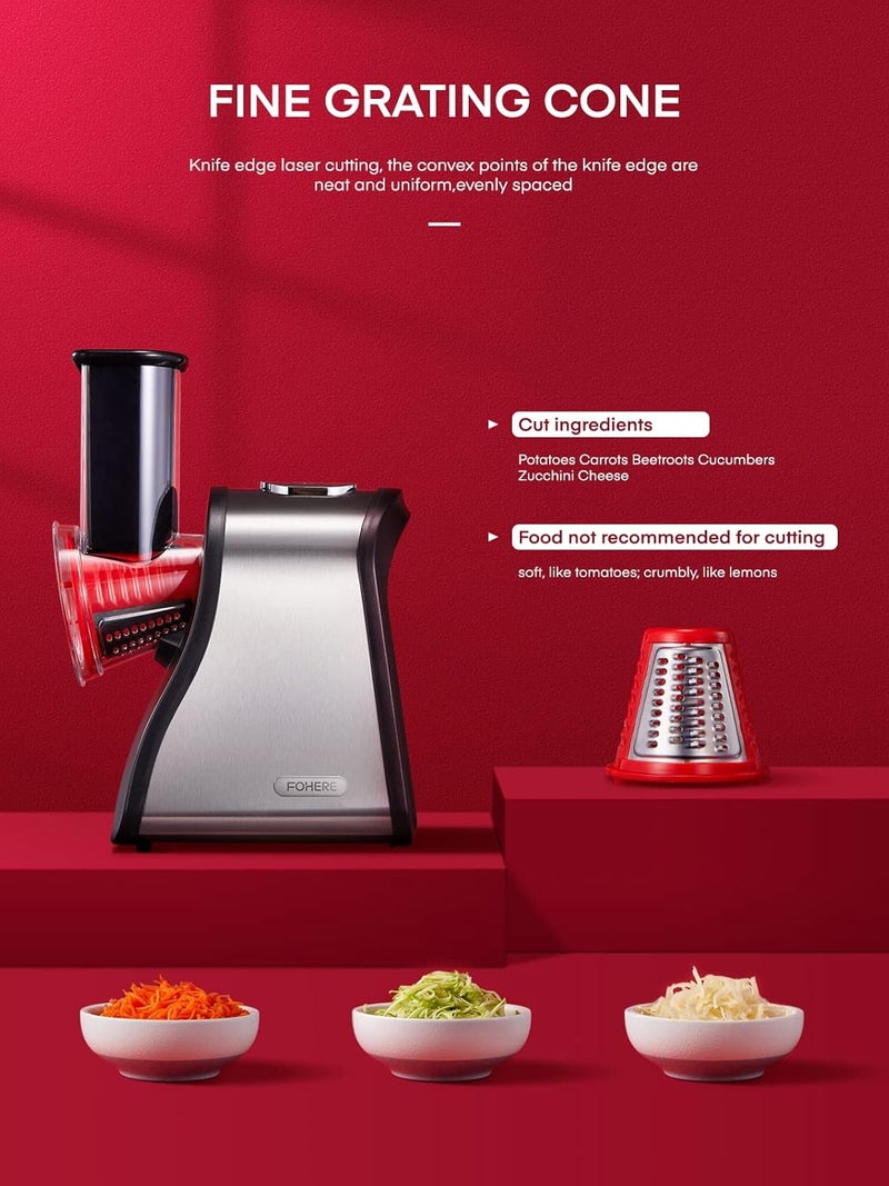 FOHERE Electric Cheese Grater Salad Maker, Electric Slicer Shredder for Home Kitchen Use, One-Touch Easy Control, Electric Grater for Vegetables, Cheeses and Nuts, BPA-Free, Red - Image 3